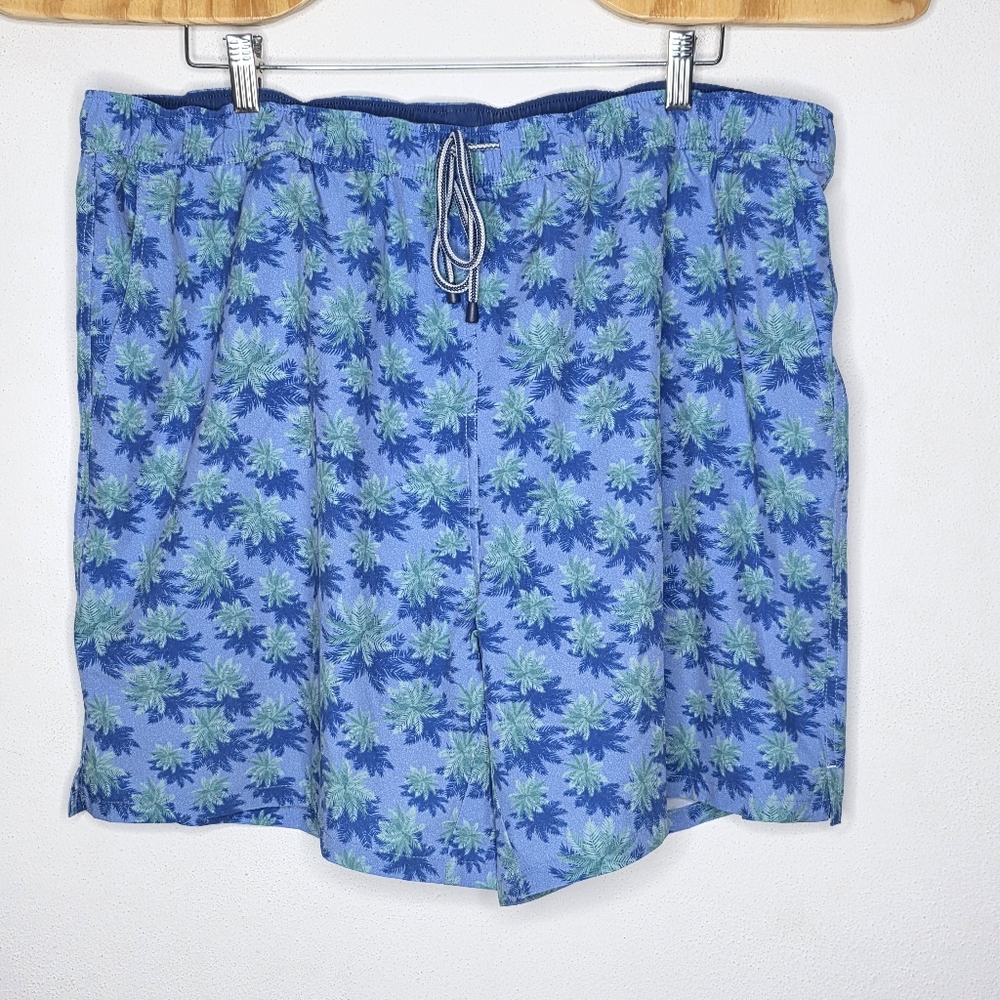 Peter‎ Millar Crown Aerial Palms Blue Swim Trunks Logo Men's Size 2XL